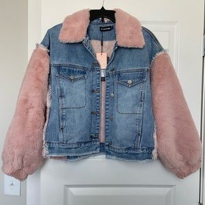 PrettyLittleThing PLT Denim and Pink Faux Fur Jacket NWT